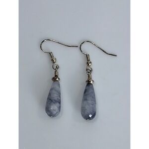 Gray Blue Polished Stone Teardrop Drop Earrings Silver-Tone Wire